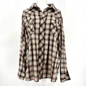 Wrangler Retro Western‎ Snap Button Gray and Tan Plaid Long Sleeve Shirt (XXL)